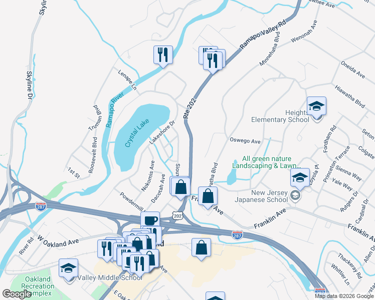 map of restaurants, bars, coffee shops, grocery stores, and more near 511 U.S. 202 in Oakland