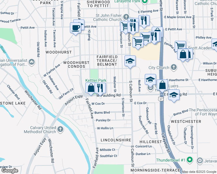 map of restaurants, bars, coffee shops, grocery stores, and more near 5617 Mc Clellan Street in Fort Wayne