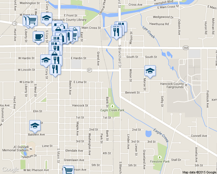 map of restaurants, bars, coffee shops, grocery stores, and more near 818 Bank Street in Findlay