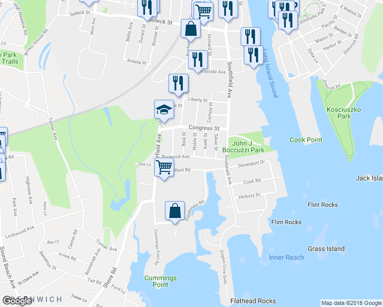 map of restaurants, bars, coffee shops, grocery stores, and more near 4 Noble Street in Stamford