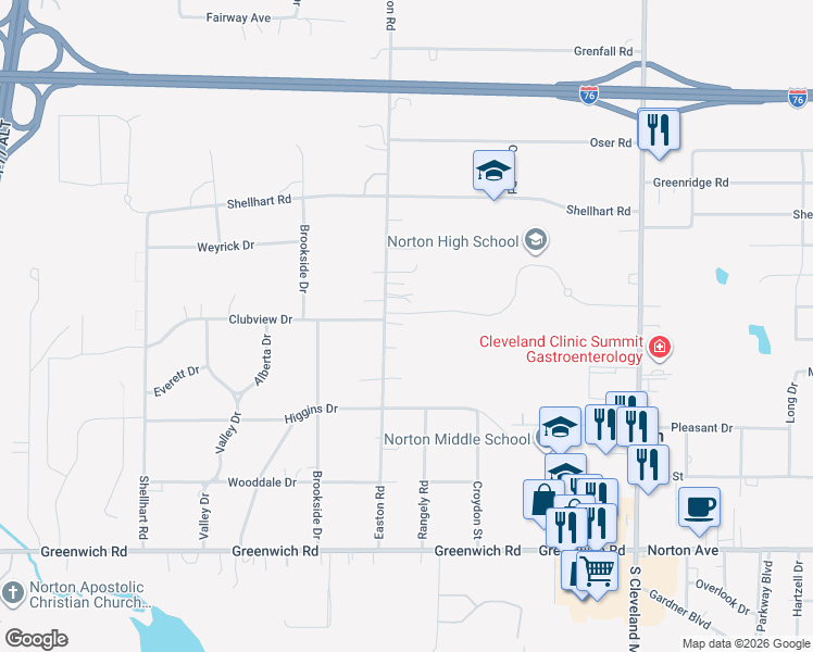 map of restaurants, bars, coffee shops, grocery stores, and more near 3713 Easton Road in Norton