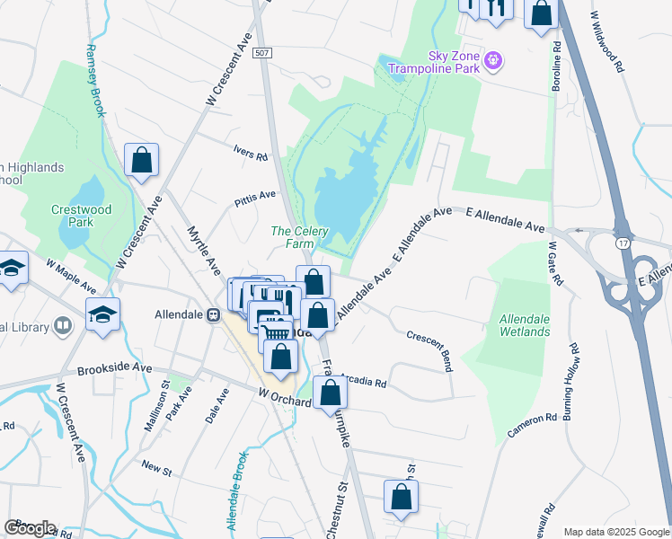 map of restaurants, bars, coffee shops, grocery stores, and more near 13 Cottage Place in Allendale