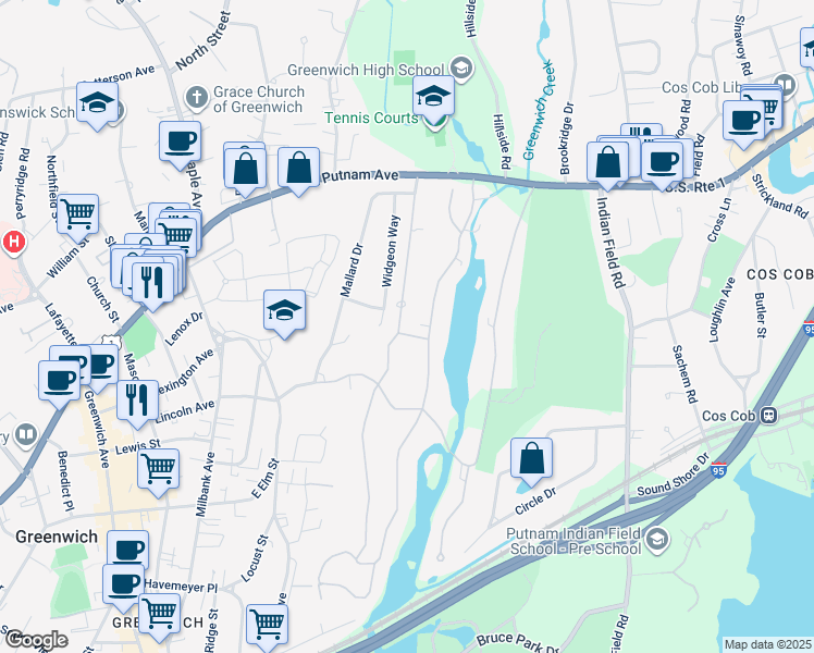 map of restaurants, bars, coffee shops, grocery stores, and more near 1 Spring Road in Greenwich