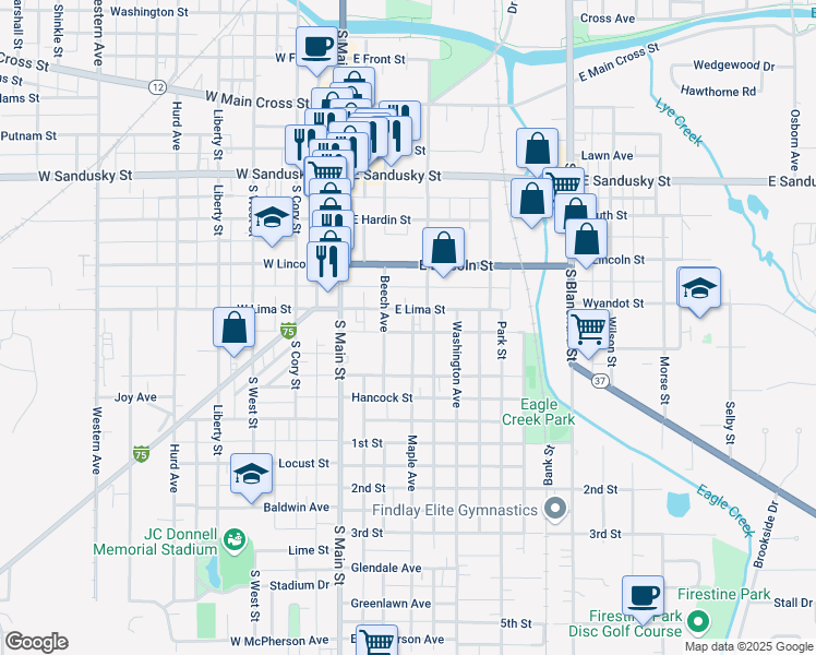 map of restaurants, bars, coffee shops, grocery stores, and more near 812 Maple Ave in Findlay