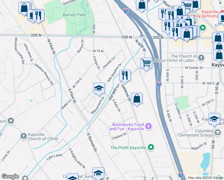 map of restaurants, bars, coffee shops, grocery stores, and more near 778 Old Mill Lane in Kaysville