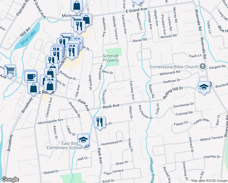 map of restaurants, bars, coffee shops, grocery stores, and more near 4 Lorraine Drive in Park Ridge
