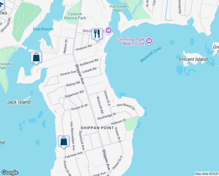 map of restaurants, bars, coffee shops, grocery stores, and more near 64 Ocean Drive East in Stamford
