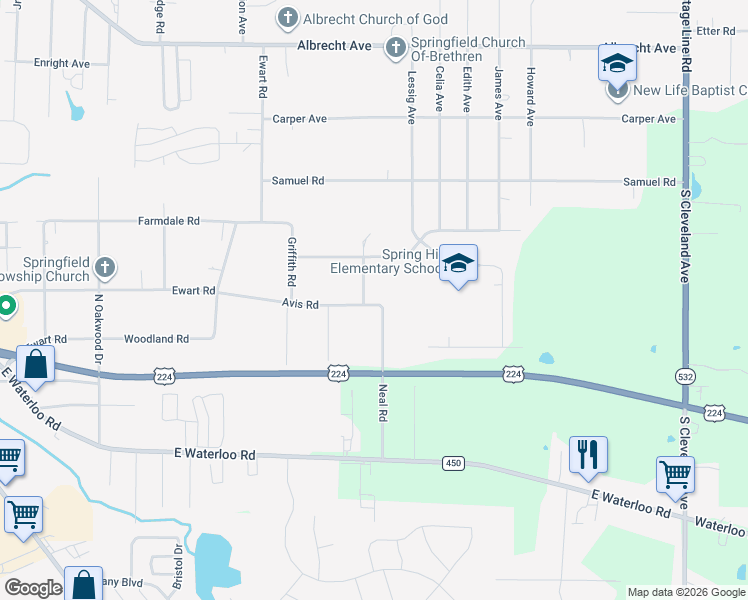 map of restaurants, bars, coffee shops, grocery stores, and more near 673 Neal Rd in Akron