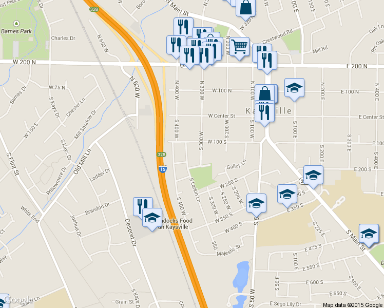 map of restaurants, bars, coffee shops, grocery stores, and more near 143 Larkin Ln in Kaysville