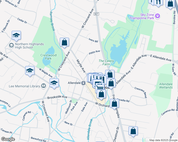 map of restaurants, bars, coffee shops, grocery stores, and more near 29 High Street in Allendale