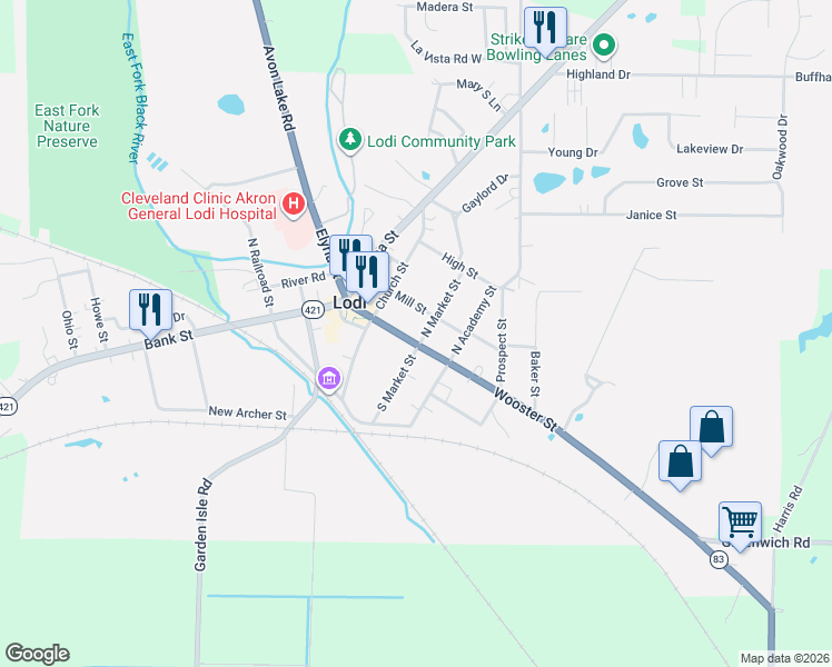 map of restaurants, bars, coffee shops, grocery stores, and more near 227 Wooster Street in Lodi