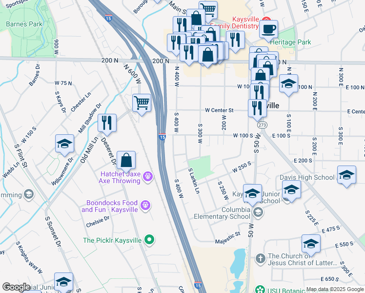 map of restaurants, bars, coffee shops, grocery stores, and more near 143 Larkin Lane in Kaysville