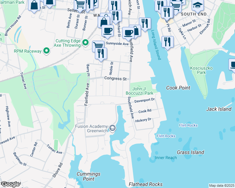 map of restaurants, bars, coffee shops, grocery stores, and more near 92 Burwood Avenue in Stamford