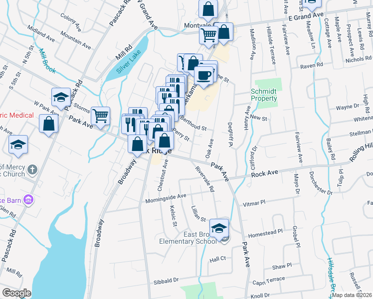 map of restaurants, bars, coffee shops, grocery stores, and more near 153 Park Avenue in Park Ridge
