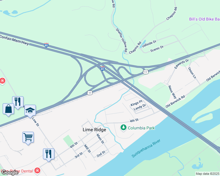 map of restaurants, bars, coffee shops, grocery stores, and more near 6824 U.S. 11 in Bloomsburg