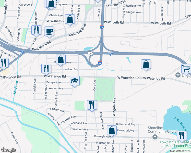 map of restaurants, bars, coffee shops, grocery stores, and more near 1135 West Waterloo Road in Akron
