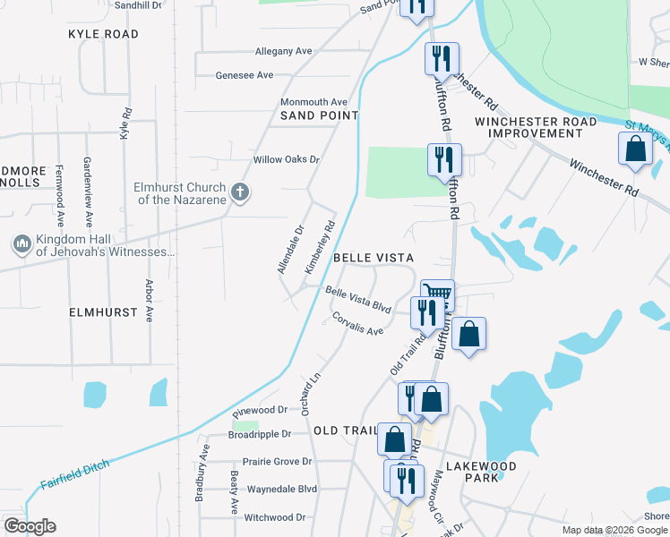map of restaurants, bars, coffee shops, grocery stores, and more near 5714 Gates Drive in Fort Wayne