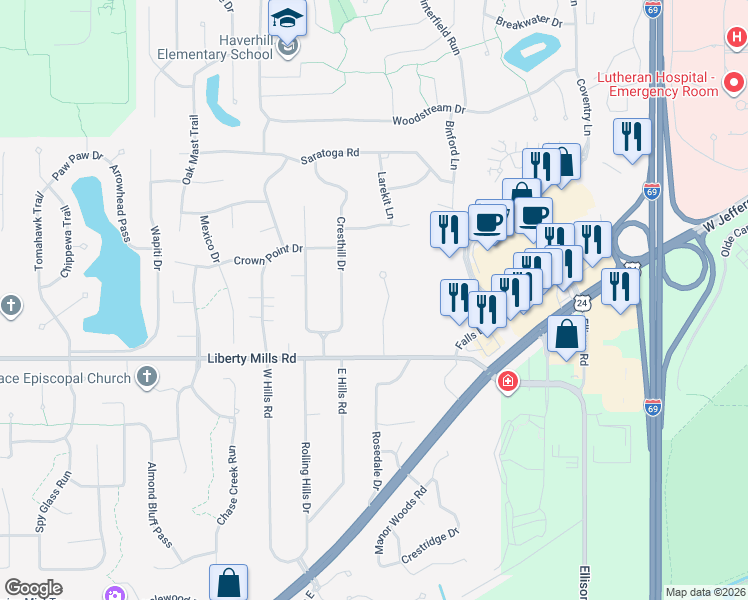map of restaurants, bars, coffee shops, grocery stores, and more near 5604 Burnham Woods Lane in Fort Wayne