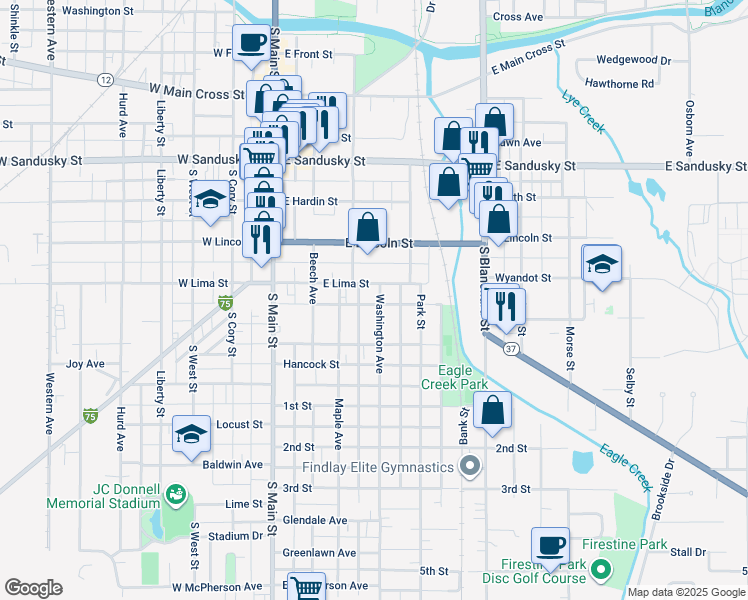 map of restaurants, bars, coffee shops, grocery stores, and more near 814 Washington Avenue in Findlay