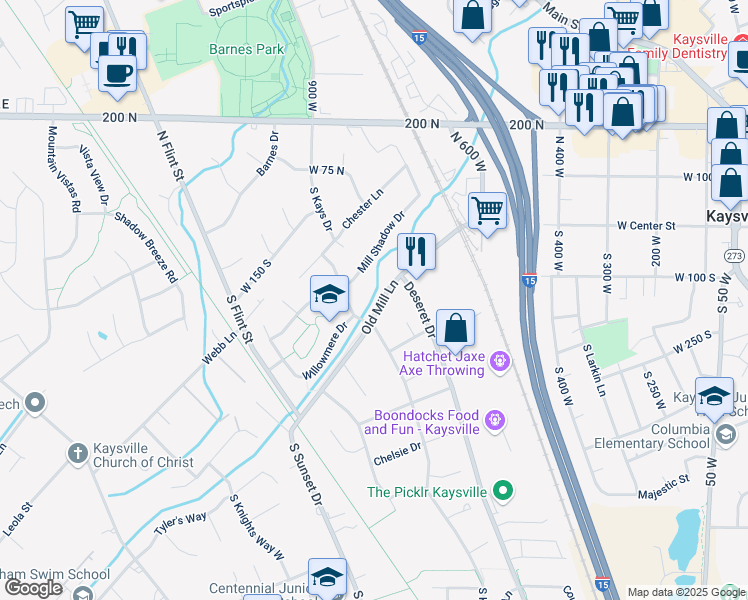 map of restaurants, bars, coffee shops, grocery stores, and more near 778 Old Mill Lane in Kaysville