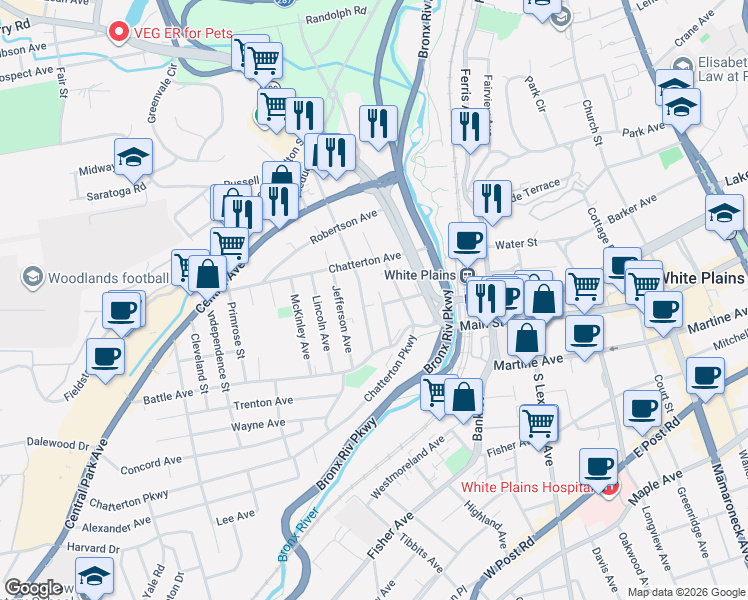 map of restaurants, bars, coffee shops, grocery stores, and more near 21 Washington Avenue in White Plains