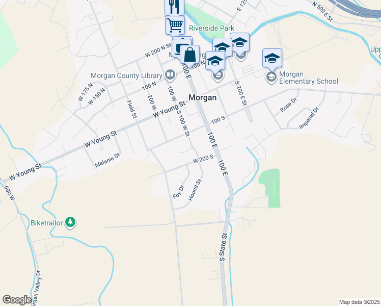 map of restaurants, bars, coffee shops, grocery stores, and more near 123 West 150 South in Morgan