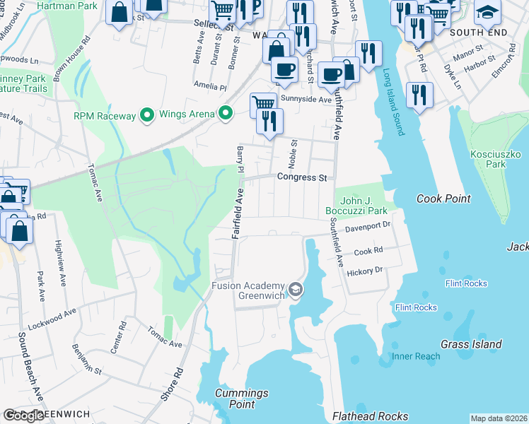 map of restaurants, bars, coffee shops, grocery stores, and more near 24 Burwood Avenue in Stamford