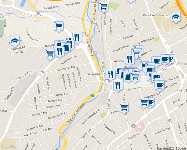 map of restaurants, bars, coffee shops, grocery stores, and more near 5 School Street in White Plains