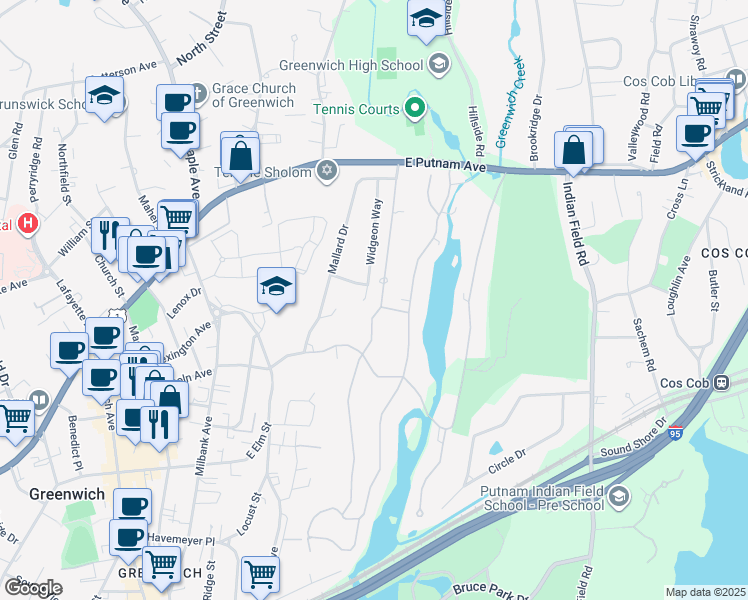 map of restaurants, bars, coffee shops, grocery stores, and more near 114 Overlook Drive in Greenwich