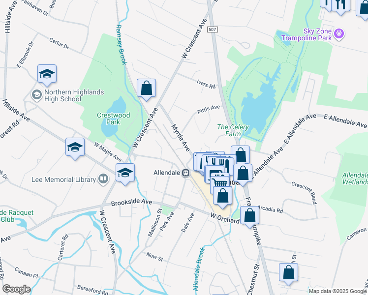 map of restaurants, bars, coffee shops, grocery stores, and more near 85 Myrtle Avenue in Allendale