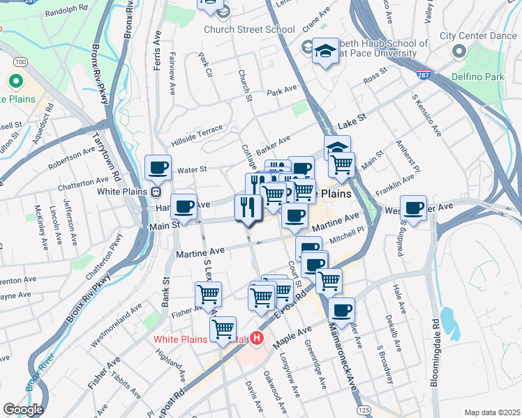 map of restaurants, bars, coffee shops, grocery stores, and more near in White Plains