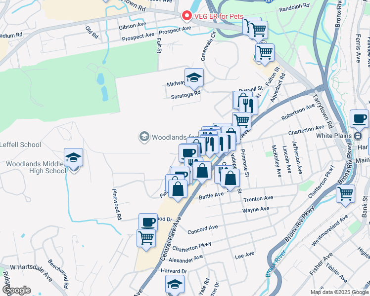 map of restaurants, bars, coffee shops, grocery stores, and more near 200 High Point Drive in Hartsdale