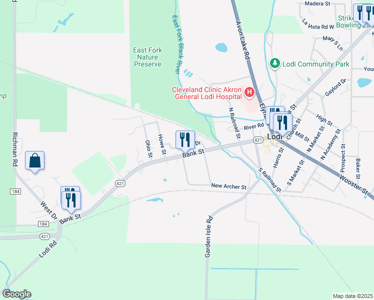 map of restaurants, bars, coffee shops, grocery stores, and more near 414 Bank Street in Lodi
