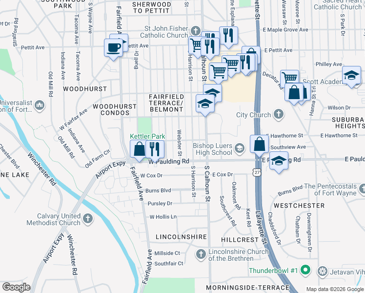 map of restaurants, bars, coffee shops, grocery stores, and more near 5615 Webster Street in Fort Wayne