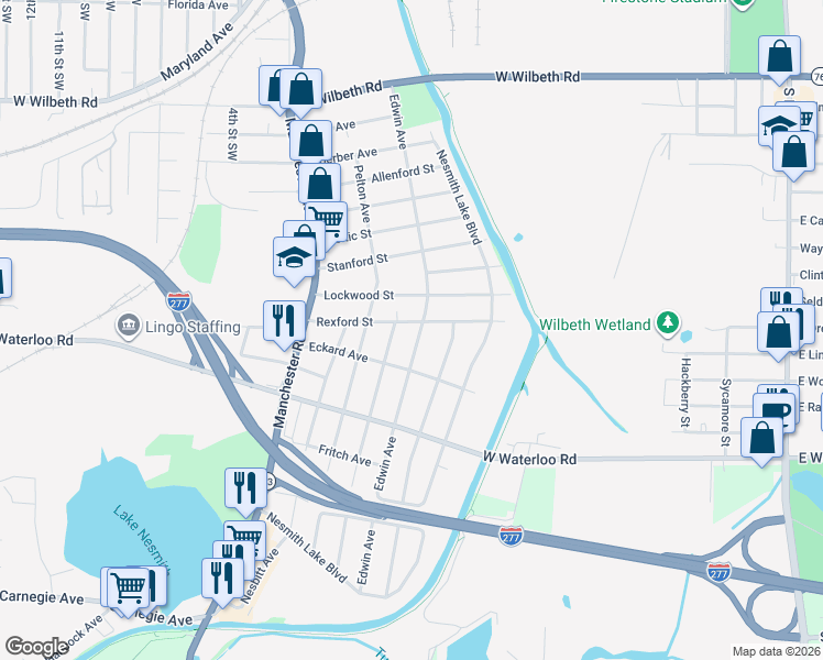 map of restaurants, bars, coffee shops, grocery stores, and more near 400 Rexford Street in Akron