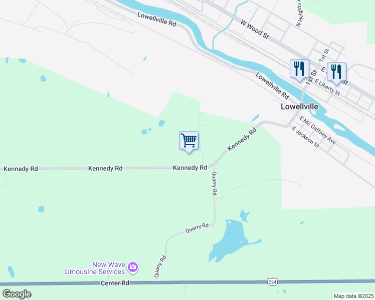 map of restaurants, bars, coffee shops, grocery stores, and more near 5900 Robinson Street in Lowellville
