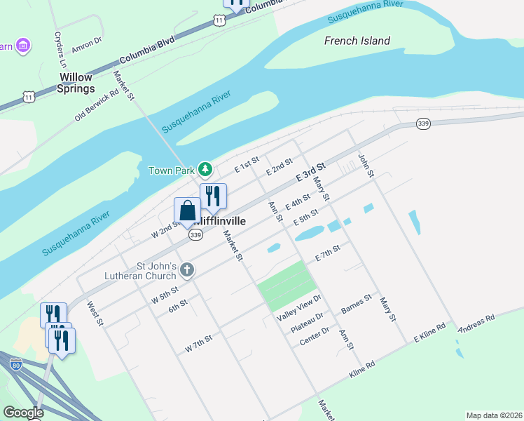 map of restaurants, bars, coffee shops, grocery stores, and more near 127 East 4th Street in Bloomsburg