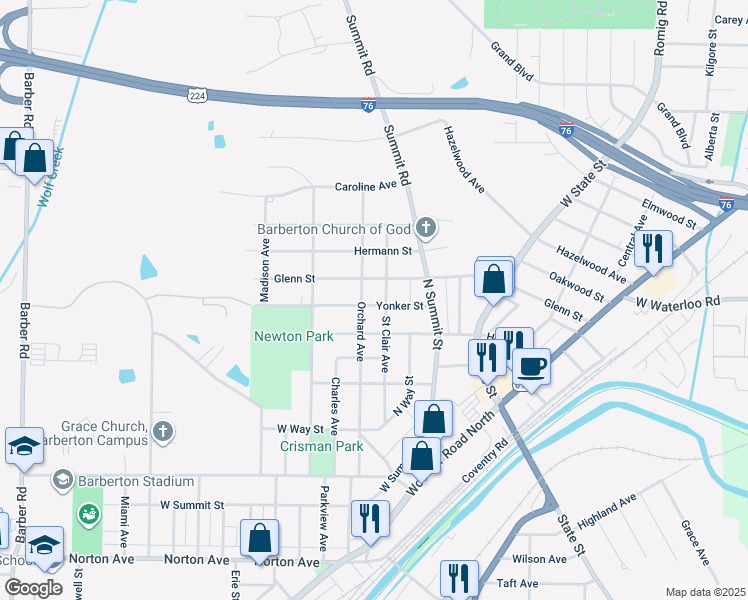 map of restaurants, bars, coffee shops, grocery stores, and more near 125 Yonker Street in Barberton