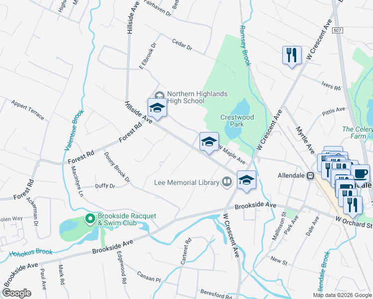 map of restaurants, bars, coffee shops, grocery stores, and more near 149 Hillside Avenue in Allendale