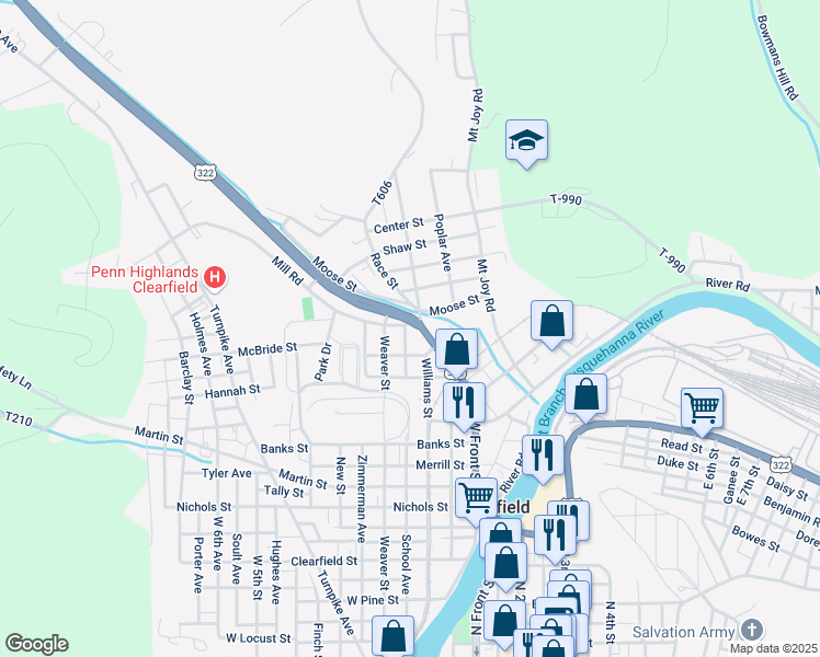 map of restaurants, bars, coffee shops, grocery stores, and more near 210 Mill Road in Clearfield