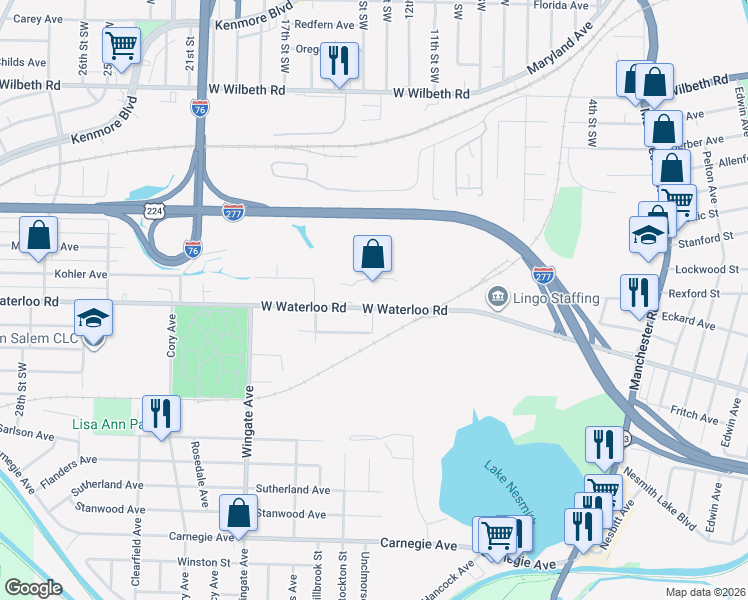 map of restaurants, bars, coffee shops, grocery stores, and more near 875 West Waterloo Road in Akron