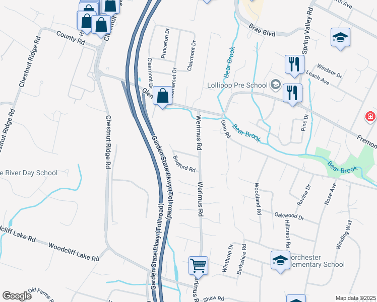 map of restaurants, bars, coffee shops, grocery stores, and more near 12 Avon Place in Woodcliff Lake