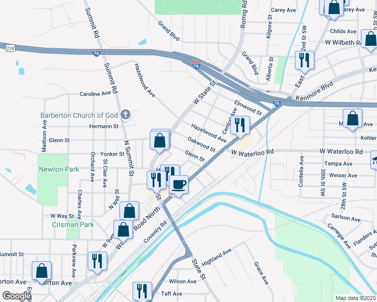 map of restaurants, bars, coffee shops, grocery stores, and more near 137 Glenn Street in Barberton