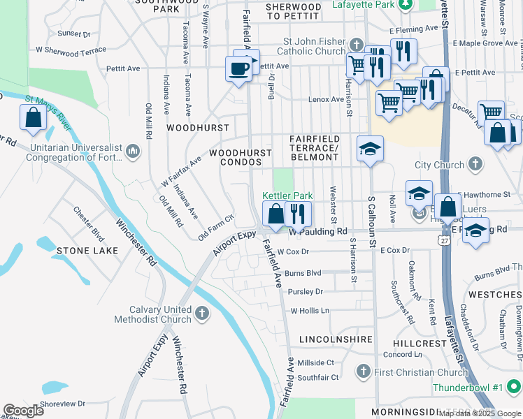 map of restaurants, bars, coffee shops, grocery stores, and more near 5633 Fairfield Avenue in Fort Wayne