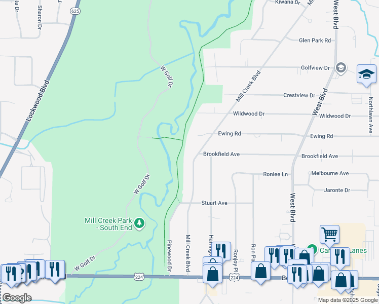 map of restaurants, bars, coffee shops, grocery stores, and more near 6584 Mill Creek Boulevard in Youngstown