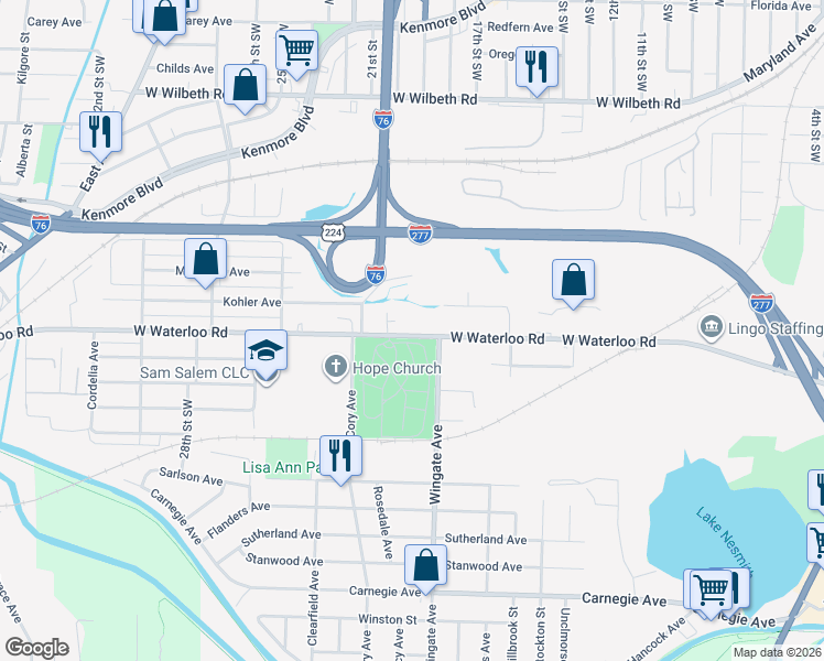 map of restaurants, bars, coffee shops, grocery stores, and more near 1061 West Waterloo Road in Akron