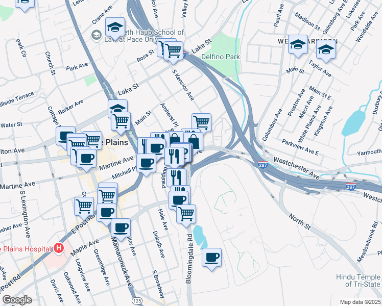 map of restaurants, bars, coffee shops, grocery stores, and more near 133 Westchester Avenue in White Plains