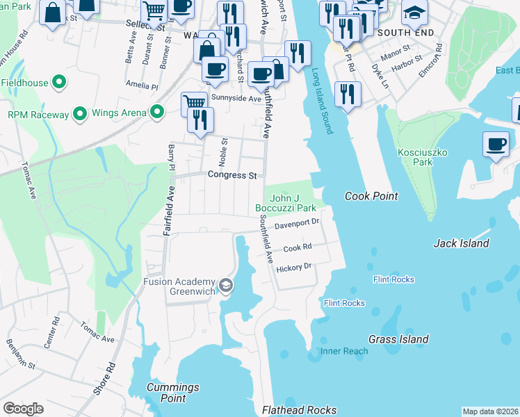 map of restaurants, bars, coffee shops, grocery stores, and more near 223 Southfield Avenue in Stamford