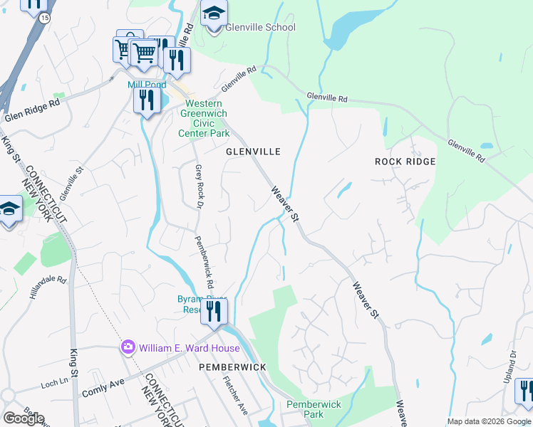 map of restaurants, bars, coffee shops, grocery stores, and more near 200 Weaver Street in Greenwich
