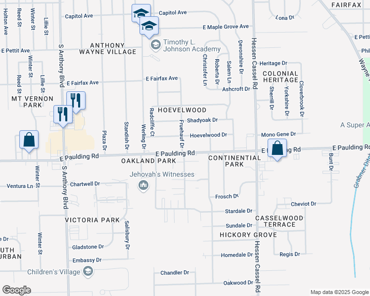 map of restaurants, bars, coffee shops, grocery stores, and more near 2605 East Paulding Road in Fort Wayne